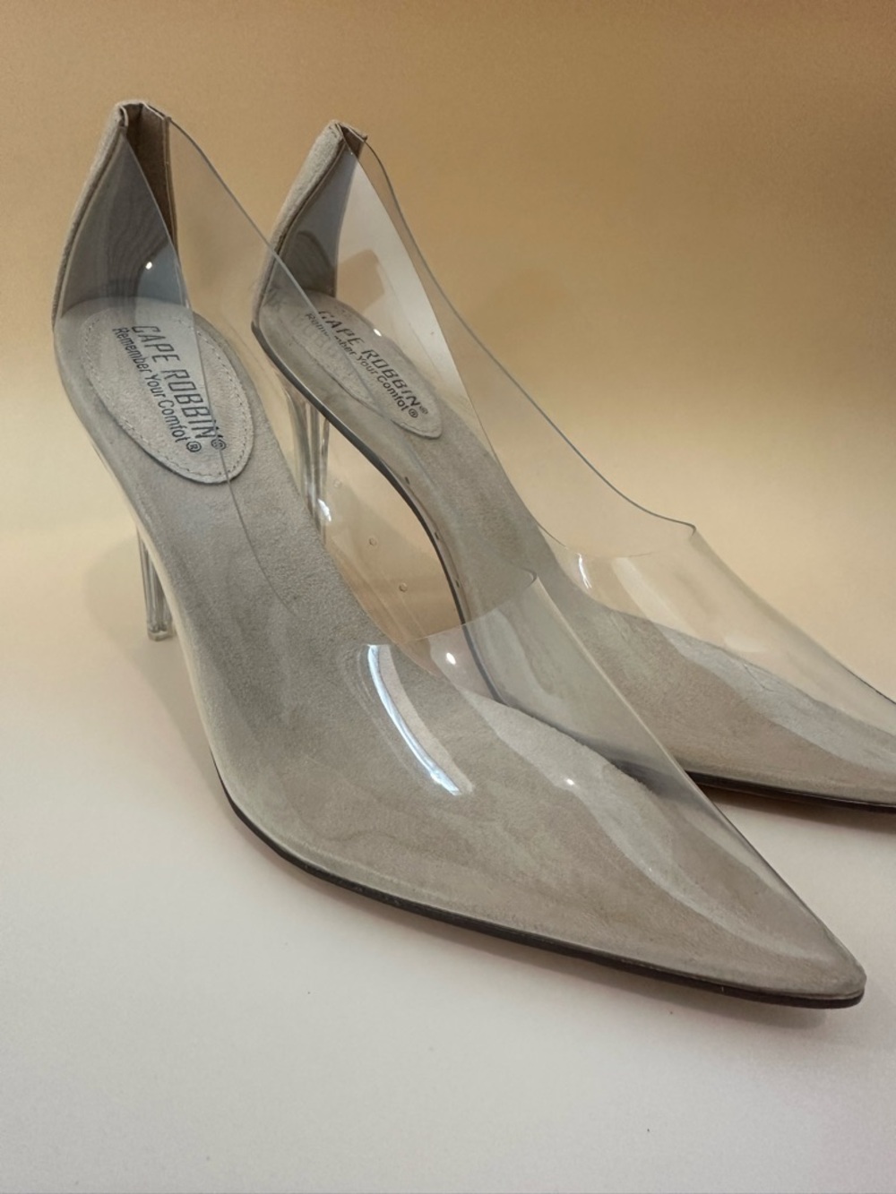 Cape Robbin Clear PVC Pointed Pumps with Gray Suede Insole